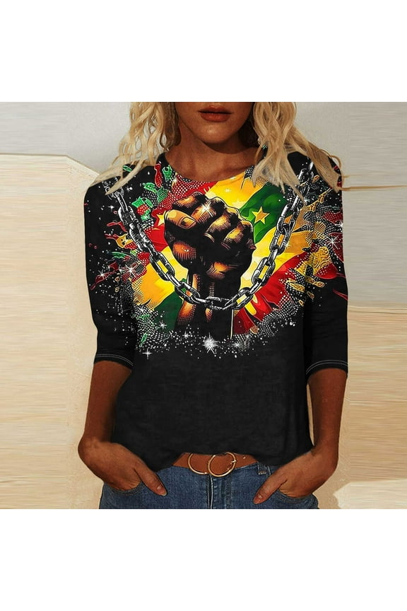 African Heritage Inspired Blouse Women 3/4 Sleeve Round Neck T-Shirt Soft Cotton Loose Fit Black History Month Casual Apparel Multicolor L