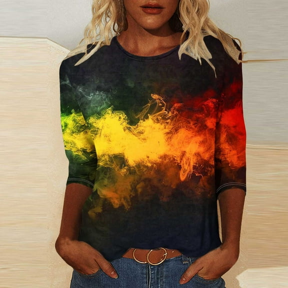 LYEAA African Heritage Inspired Blouse Women 3/4 Sleeve Round Neck T-Shirt Soft Cotton Loose Fit Black History Month Casual Apparel Multicolor S