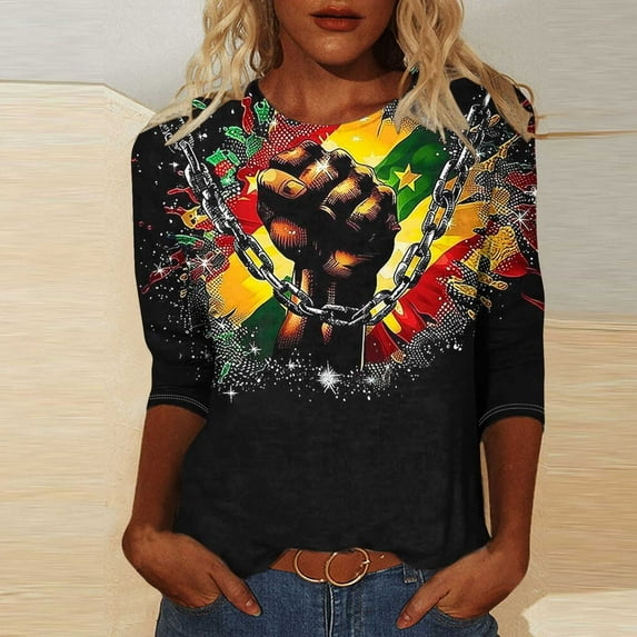 LYEAA African Heritage Inspired Blouse Women 3/4 Sleeve Round Neck T-Shirt Soft Cotton Loose Fit Black History Month Casual Apparel Multicolor XXXL