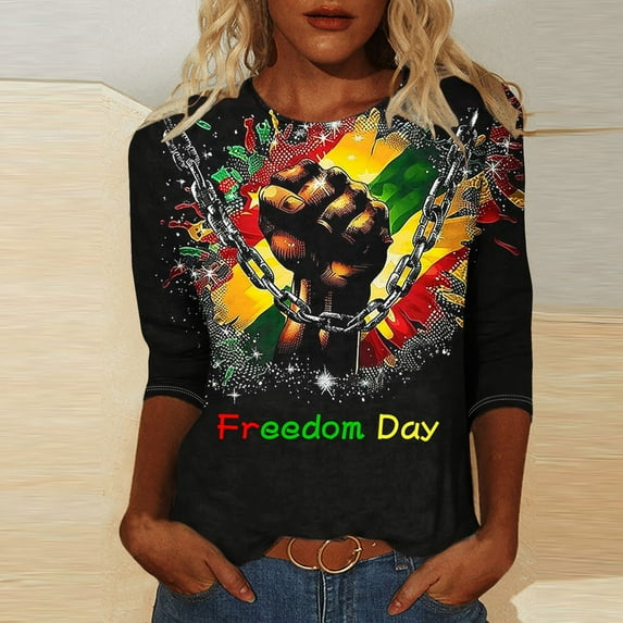 LYEAA Afrocentric Cultural Tops Women 3/4 Sleeve Round Neck Blouse Soft Cotton Loose Fit Black History Month Commemorative Casual Shirt Multicolor L