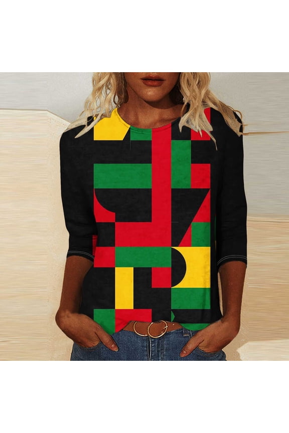 Afrocentric Cultural Tops Women 3/4 Sleeve Round Neck Blouse Soft Cotton Loose Fit Black History Month Commemorative Casual Shirt Multicolor XXL