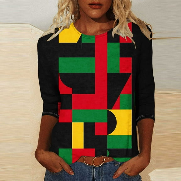 LYEAA Afrocentric Cultural Tops Women 3/4 Sleeve Round Neck Blouse Soft Cotton Loose Fit Black History Month Commemorative Casual Shirt Multicolor XXL