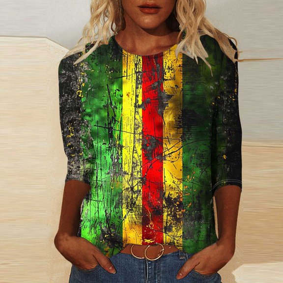 LYEAA Afrocentric Cultural Tops Women 3/4 Sleeve Round Neck Blouse Soft Cotton Loose Fit Black History Month Commemorative Casual Shirt Multicolor XXL