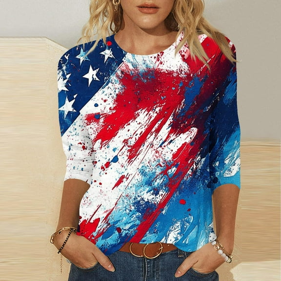 LYEAA American Pride 3/4 Sleeve Tops for Women July 4th Patriotic Print Round Neck Cotton T-Shirt Casual Summer Vacation Outfit Red M