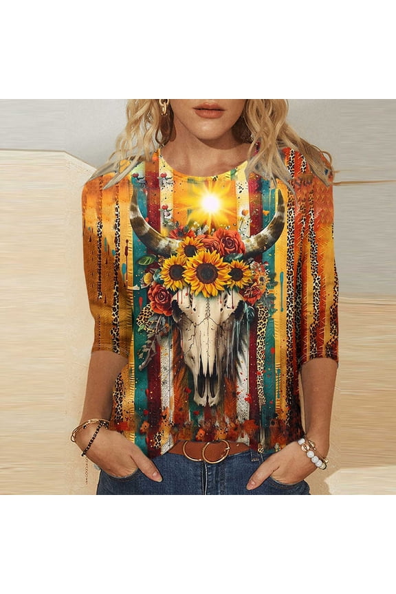 Art Deco 3/4 Sleeve Tops for Women Geometric Ethnic Print Round Neck Loose Fit T-Shirt with French Terry Lining for Spring Layering Multicolor S