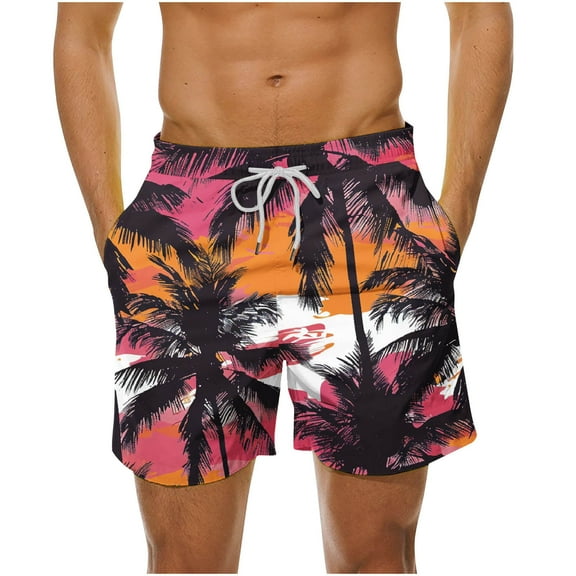LYEAA Athletic Men Swim Shorts Elastic Waist Summer Beach Big Men's Trunks Hawaiian Colorful Tree Printed Drawstring Surfing Board Shorts Casual Trendy Comfort Swimwear Bathing Suit with Pockets 2XL