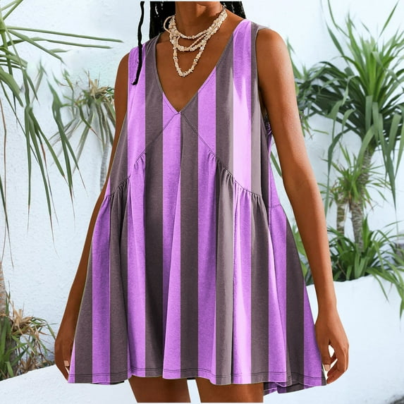 LYEAA Beach Dresses for Women Plus Size Sleeveless Casual Elegant Loose Short Mini Sundress V Neck Striped Fashion Summer Vacation Comfortable Dresses Purple S