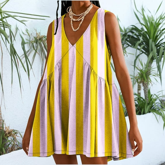 LYEAA Beach Dresses for Women Plus Size Sleeveless Casual Elegant Loose Short Mini Sundress V Neck Striped Fashion Summer Vacation Comfortable Dresses Yellow XL
