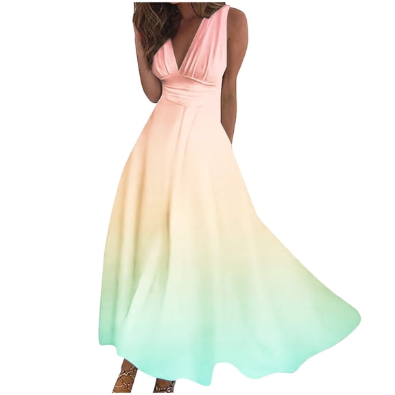 LYEAA Beach Dresses for Women Plus Size V Neck Sleeveless Flowy Elegant Long Dresses Gradient Casual Dressy Loose Zipper Dresses Comfort Vacation Dresses Yellow 3XL
