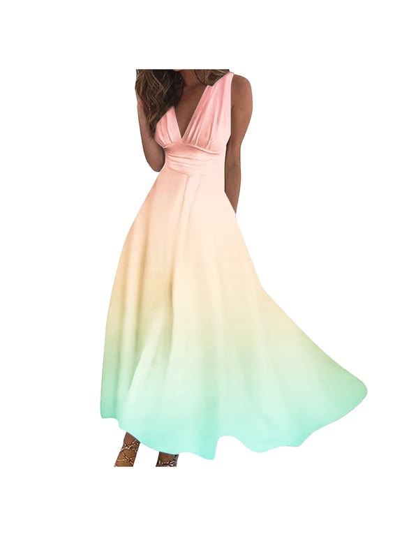 Beach Dresses for Women Plus Size V Neck Sleeveless Flowy Elegant Long Dresses Gradient Casual Dressy Loose Zipper Dresses Comfort Vacation Dresses Yellow 2XL