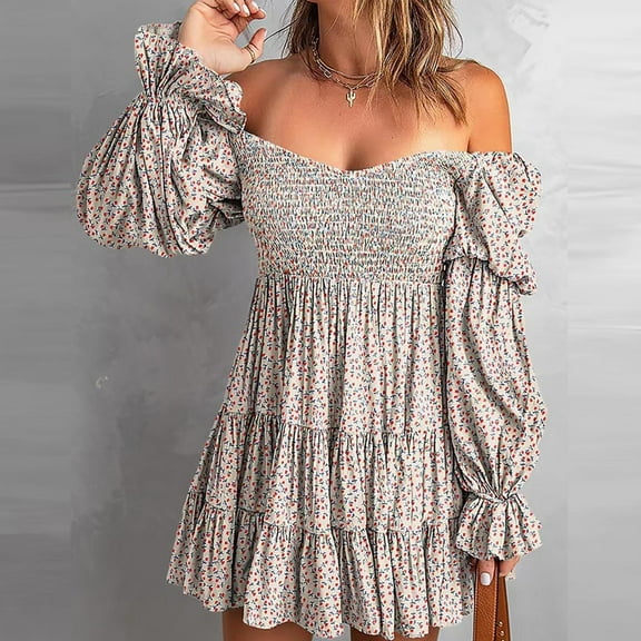 LYEAA Beach Dresses for Women Puff Sleeve Casual Off the Shoulder Elegant Loose Tiered Short Mini A Line Dresses V Neck Solid Ruffle Fashion Summer Vacation Comfortable Dresses Beige L