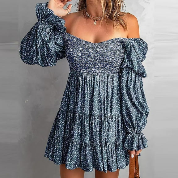 LYEAA Beach Dresses for Women Puff Sleeve Casual Off the Shoulder Elegant Loose Tiered Short Mini A Line Dresses V Neck Solid Ruffle Fashion Summer Vacation Comfortable Dresses Blue S
