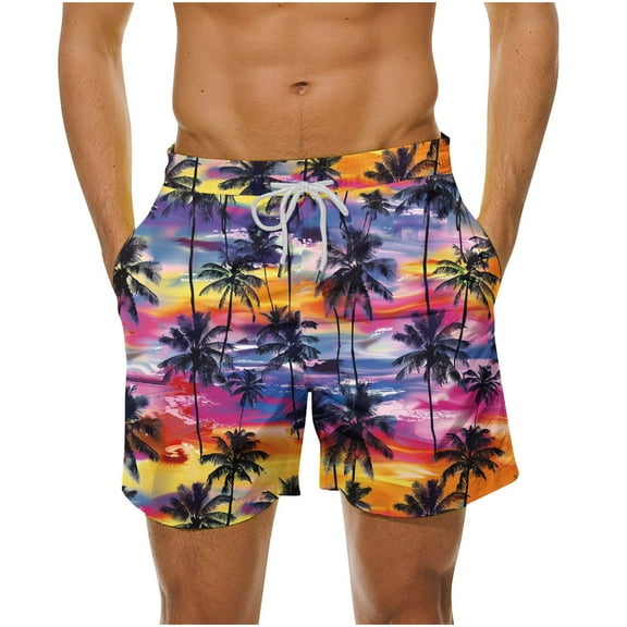 LYEAA Beach Shorts for Men Elastic Waist Summer Big Men's Swim Trunks Hawaiian Colorful Tree Printed Drawstring Surf Board Shorts Casual Athletic Trendy Comfort Swimsuit Bathing Suit with Pockets M