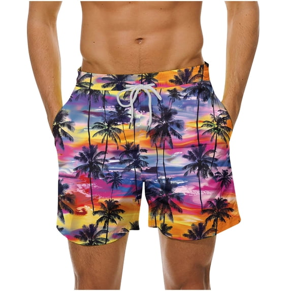LYEAA Beach Shorts for Men Elastic Waist Summer Big Men's Swim Trunks Hawaiian Colorful Tree Printed Drawstring Surf Board Shorts Casual Athletic Trendy Comfort Swimsuit Bathing Suit with Pockets L