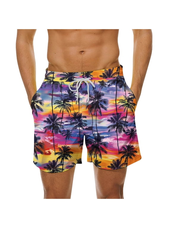 Beach Shorts for Men Elastic Waist Summer Big Men's Swim Trunks Hawaiian Colorful Tree Printed Drawstring Surf Board Shorts Casual Athletic Trendy Comfort Swimsuit Bathing Suit with Pockets 4XL