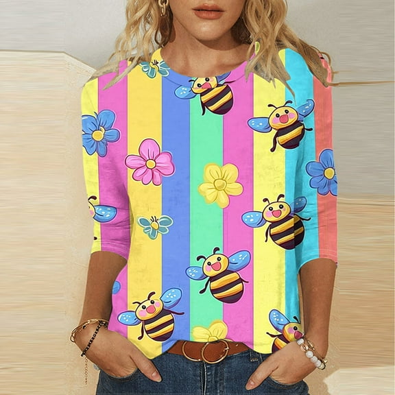 LYEAA Bee Pattern 3/4 Length Sleeve Women Blouse Round Neck Pullover Top Casual Comfort Fit for Daily Wear Parties Pink XXXL