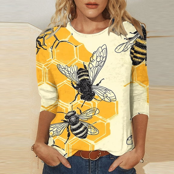 LYEAA Bee Pattern 3/4 Length Sleeve Women Tops Round Neck Pullover Casual Blouse Cotton Stretchy Fabric for Outdoor Daily Wear Yellow XXL