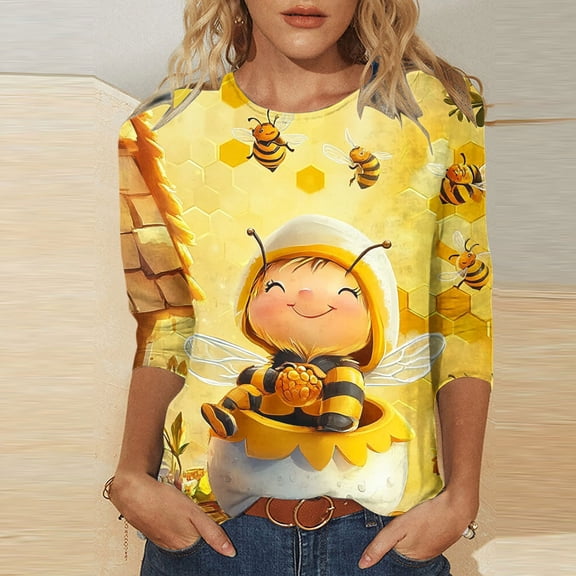 LYEAA Bee-Themed 3/4 Length Sleeve Women Tops Round Neck Pullover Casual Blouse Lightweight Breathable for Outdoor Wear Yellow S
