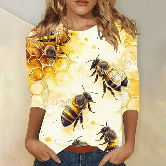 LYEAA Bee-Themed 3/4 Sleeve Women Tops Round Neck Casual T-Shirt Soft Cotton Blend Fabric with Stretch Comfort Daily Wear Yellow M