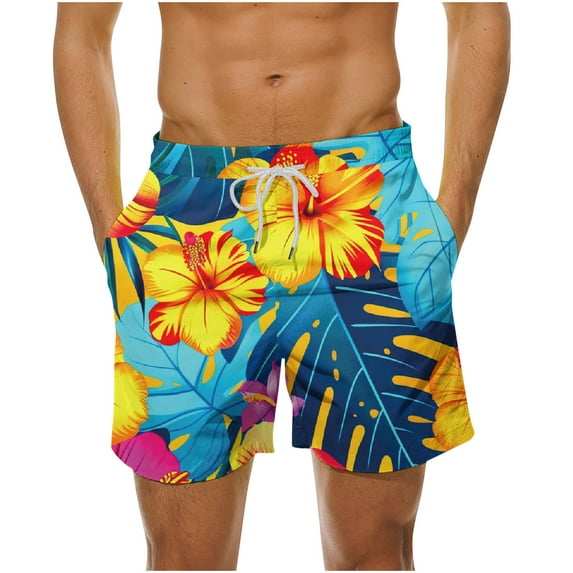 LYEAA Big Mens Swim Trunks Elastic Waist Summer Beach Men's Shorts Hawaiian Colorful Floral Printed Drawstring Surfing Board Shorts Casual Athletic Trendy Comfort Swimsuit Bathing Suit with Pockets L