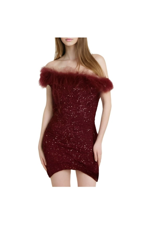 Birthday Dresses for Women Sleeveless One Neck Sequin Mini Dress Off Shoulder Sheath Elegant Dress Bodycon Solid Color Evening Gown Cocktail Dress Holiday Party Club Dress Stretchy Dress Red M