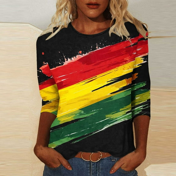 LYEAA Black Cultural Apparel Women 3/4 Sleeve Round Neck Blouse Ethnic Print Cotton Tops Loose Fit Casual Daily Wear Multicolor S