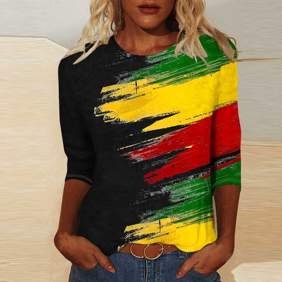 LYEAA Black Cultural Apparel Women 3/4 Sleeve Round Neck Blouse Ethnic Print Cotton Tops Loose Fit Casual Daily Wear Multicolor XXXL