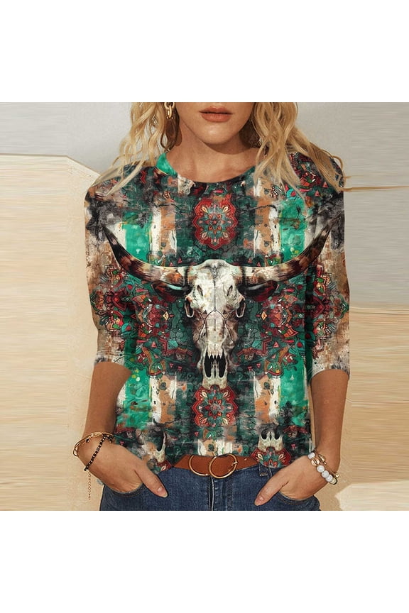 Boho Chic Women Tops 3/4 Sleeve Ethnic Printed Tunic Shirt with Round Neckline Breathable Cotton Loose Fit Blouse for Spring/Summer Multicolor XXXL