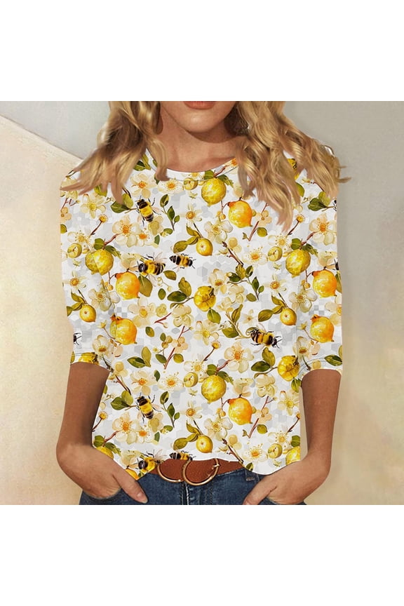 Boho Style 3/4 Sleeve Blouse for Women Printed Bee Festival Tops Round Neck Loose Fit Shirt with Breathable Fabric Multicolor XXL
