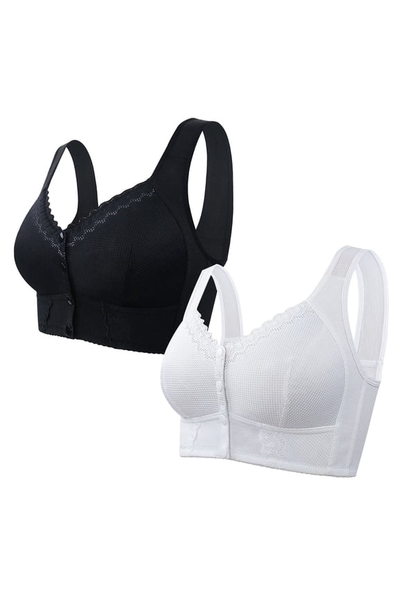 Bras for Older Women 2 Pack Plus Size No Wire Wirefree Everyday Bras Push up Breathable Wireless Front Closure Daily Sleep Bras Comfort Shaping Full Figure Soft Stretch T-Shirt Bras Black 4XL