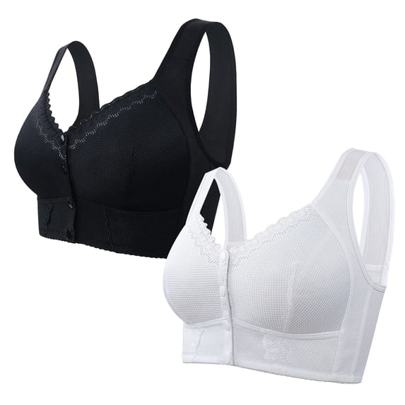 LYEAA Bras for Older Women 2 Pack Plus Size No Wire Wirefree Everyday Bras Push up Breathable Wireless Front Closure Daily Sleep Bras Comfort Shaping Full Figure Soft Stretch T-Shirt Bras Black XL