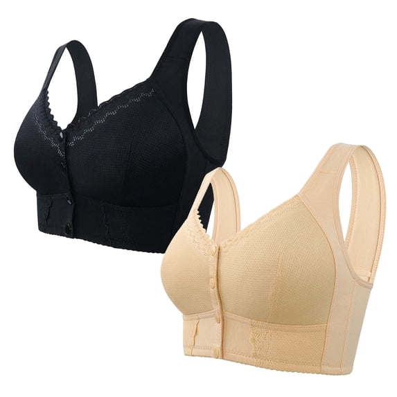 LYEAA Bras for Older Women 2 Pack Plus Size No Wire Wirefree Everyday Bras Push up Breathable Wireless Front Closure Daily Sleep Bras Comfort Shaping Full Figure Soft Stretch T-Shirt Bras Beige S