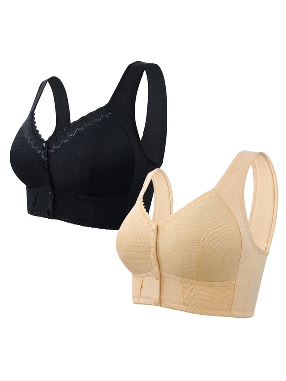 Bras for Older Women 2 Pack Plus Size No Wire Wirefree Everyday Bras Push up Breathable Wireless Front Closure Daily Sleep Bras Comfort Shaping Full Figure Soft Stretch T-Shirt Bras Beige L