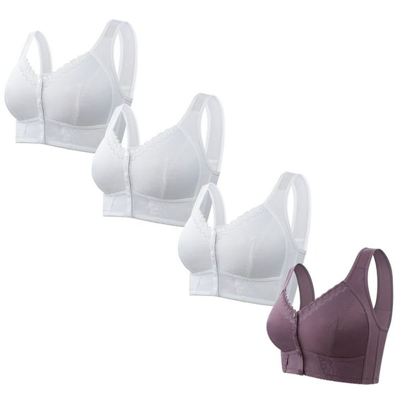 LYEAA Bras for Older Women Wirefree 4 Pack Plus Size No Wire Everyday Bras Push up Breathable Wireless Front Closure Daily Sleep Bras Comfortable Shaping Full Figure Soft Stretch T-Shirt Bras White M