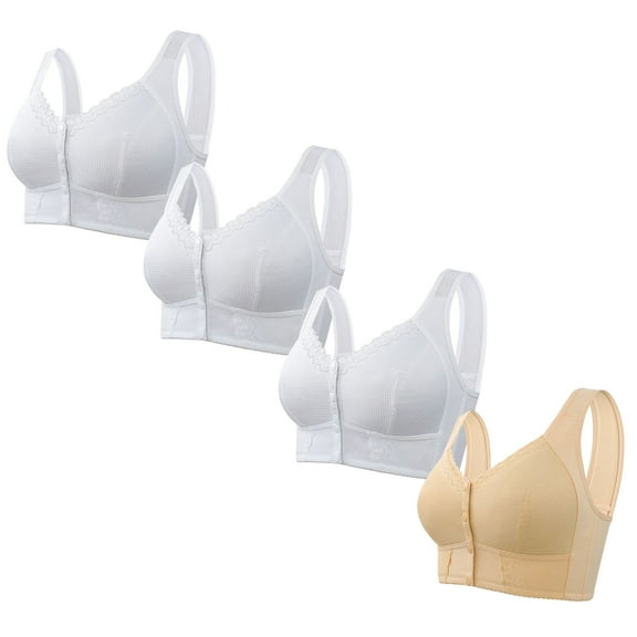 LYEAA Bras for Older Women Wirefree 4 Pack Plus Size No Wire Everyday Bras Push up Breathable Wireless Front Closure Daily Sleep Bras Comfortable Shaping Full Figure Soft Stretch T-Shirt Bras Beige S