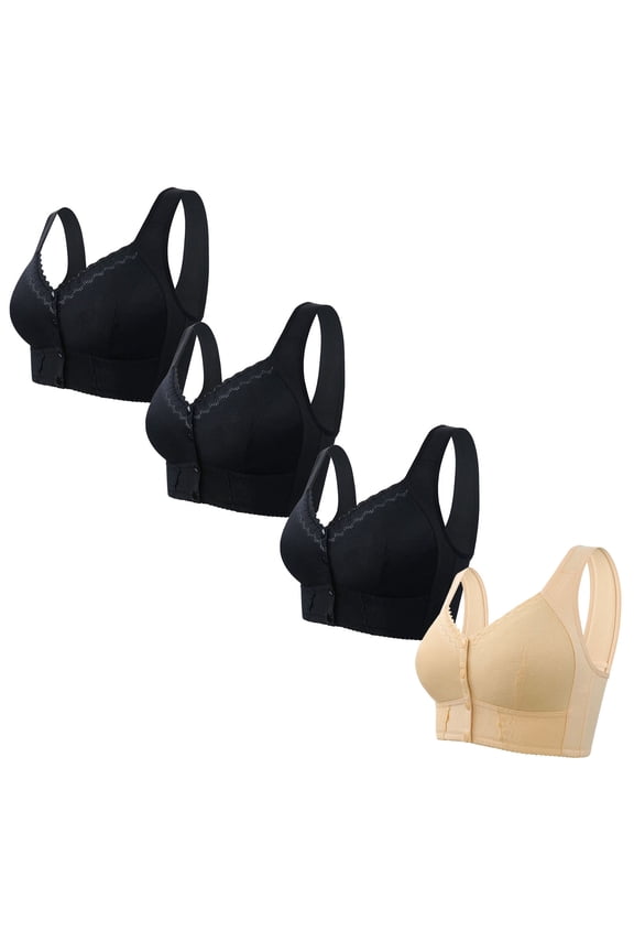 Bras for Women Front Closure Plus Size 4 Pack No Wire Wirefree Everyday Bras Push up Breathable Wireless Daily Sleep Bras Comfort Shaping Full Figure Soft Stretch T-Shirt Bras Beige M