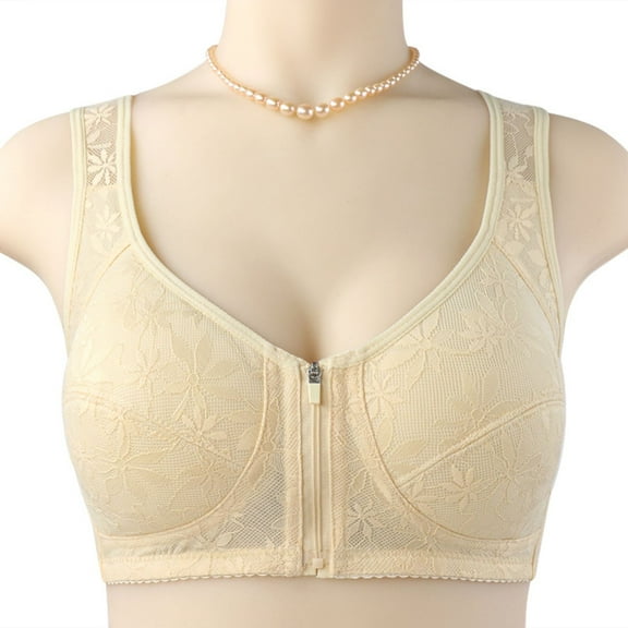 LYEAA Bras for Women Front Closure Zipper Plus Size Lace Push up Wireless Daily Bras Wirefree Wide Strap Lift Soft Bralette No Wire Breathable Comfort Sleeping Bras Beige 40/90