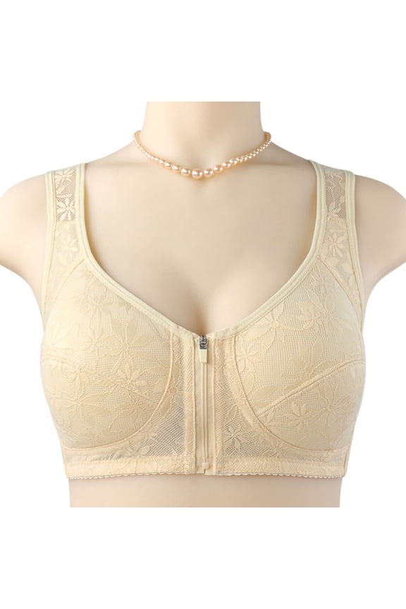 Bras for Women Front Closure Zipper Plus Size Lace Push up Wireless Daily Bras Wirefree Wide Strap Lift Soft Bralette No Wire Breathable Comfort Sleeping Bras Beige 38/85