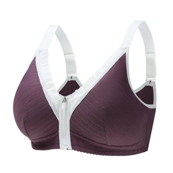 LYEAA Bras for Women Front Closure Zipper Plus Size Wireless Push Up Bras Adjustable Strap Bras No Wire Lift Shape Bralette Soild Breathable Soft Bras Comfortable Everyday Bras T-Shirt Bras Purple