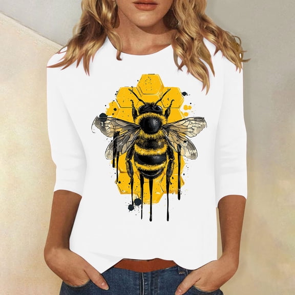 LYEAA Breathable 3/4 Sleeve Round Neck T-Shirt Women Bee Festival Theme Printed Cotton Casual Weekend Wear White L