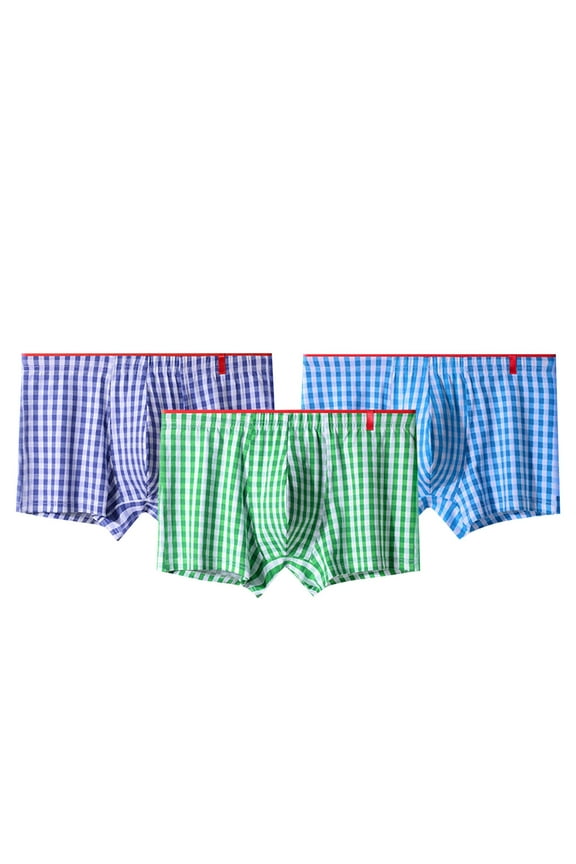 Breathable Boxers for Men 3-Pack Cotton Soft Trunks Plaid Plus Loose Comfortable Athletic Underpants Elastic Waistband Fashion Support Pouch Underwear No fly Multicolor M