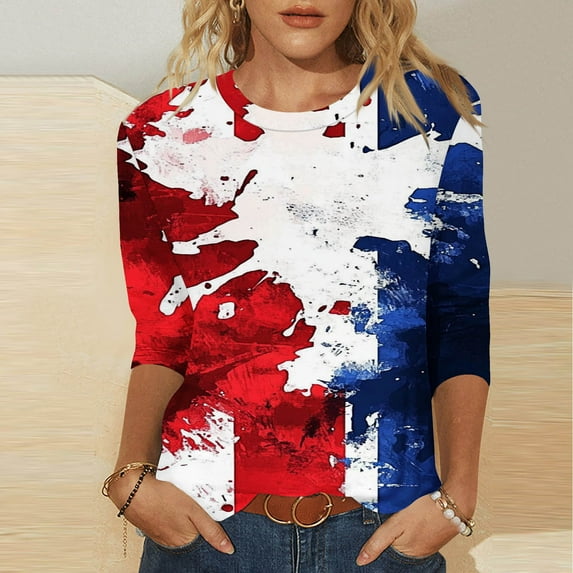 LYEAA British Inspired 3/4 Sleeve Tops for Women, Fashion Round Neck Casual Blouse, Lightweight Summer T-Shirts with Elastic Waist, Trendy Wear Blue XL