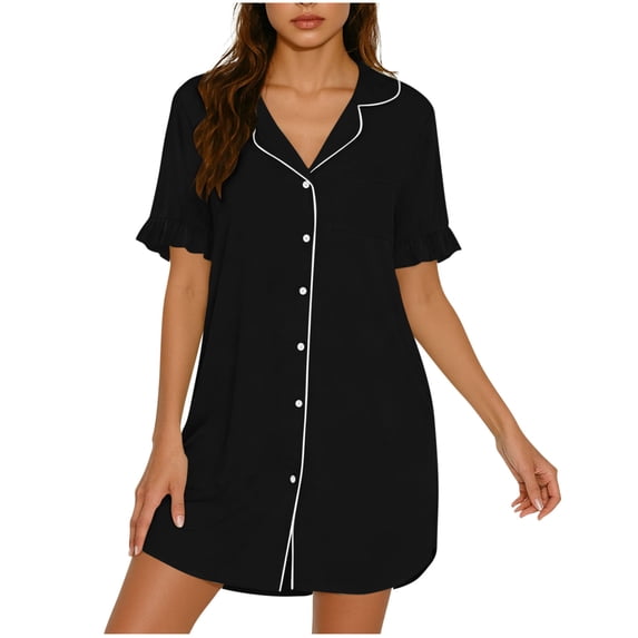 LYEAA Button down Nightgowns for Women Soft Short Sleeve Home Dress Collared Night Gowns Solid Comfy Nightshirts