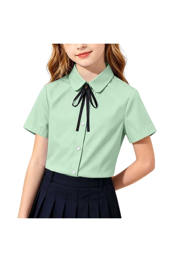 Button down Uniform Shirts Girls Short Sleeve Solid Loose Blouses Collared Tops Summer School Clothes