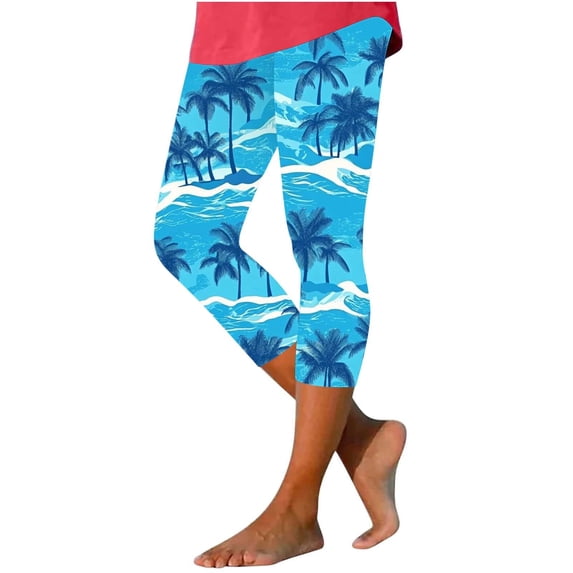 LYEAA Capri Leggings for Women Plus Size Summer High Waisted Pant Floral Printed Beach Vacation Trousers