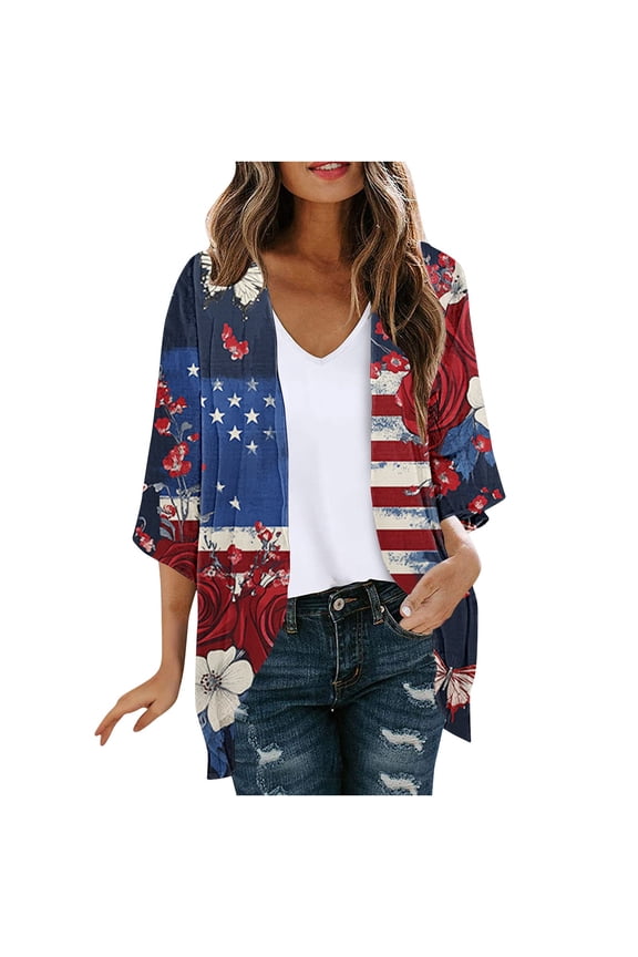 Cardigans for Women Open Front 4th of July American Flag T Shirts Patriotic Red White Blue Tees Independence Day Tops