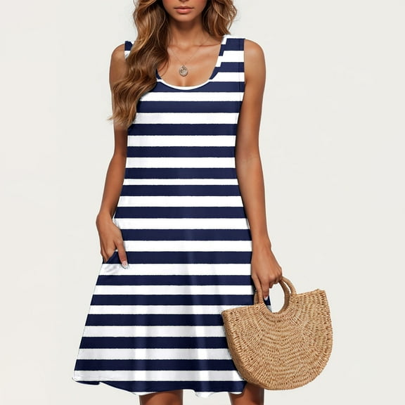 LYEAA Casual Dresses for Women Plus Size Sleeveless Elegant Loose Midi Sundress Crewneck Striped Fashion Flowy Summer Beach Vacation Comfortable Tank Dress with Pockets Blue S