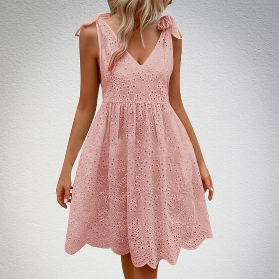 LYEAA Casual Dresses for Women Short Sleeveless Plus Size Elegant Loose Cotton Midi A Line Tie Dress V Neck Solid Fashion Flowy Summer Beach Vacation Comfortable Dresses Pink 2XL