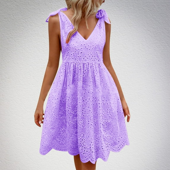 LYEAA Casual Dresses for Women Short Sleeveless Plus Size Elegant Loose Cotton Midi A Line Tie Dress V Neck Solid Fashion Flowy Summer Beach Vacation Comfortable Dresses Purple L
