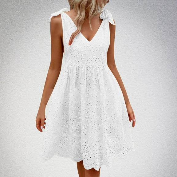 LYEAA Casual Dresses for Women Short Sleeveless Plus Size Elegant Loose Cotton Midi A Line Tie Dress V Neck Solid Fashion Flowy Summer Beach Vacation Comfortable Dresses White 2XL